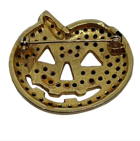 Vintage Orange Rhinestone Jack-O'-Lantern Halloween Brooch Pin - Picture 3 of 3